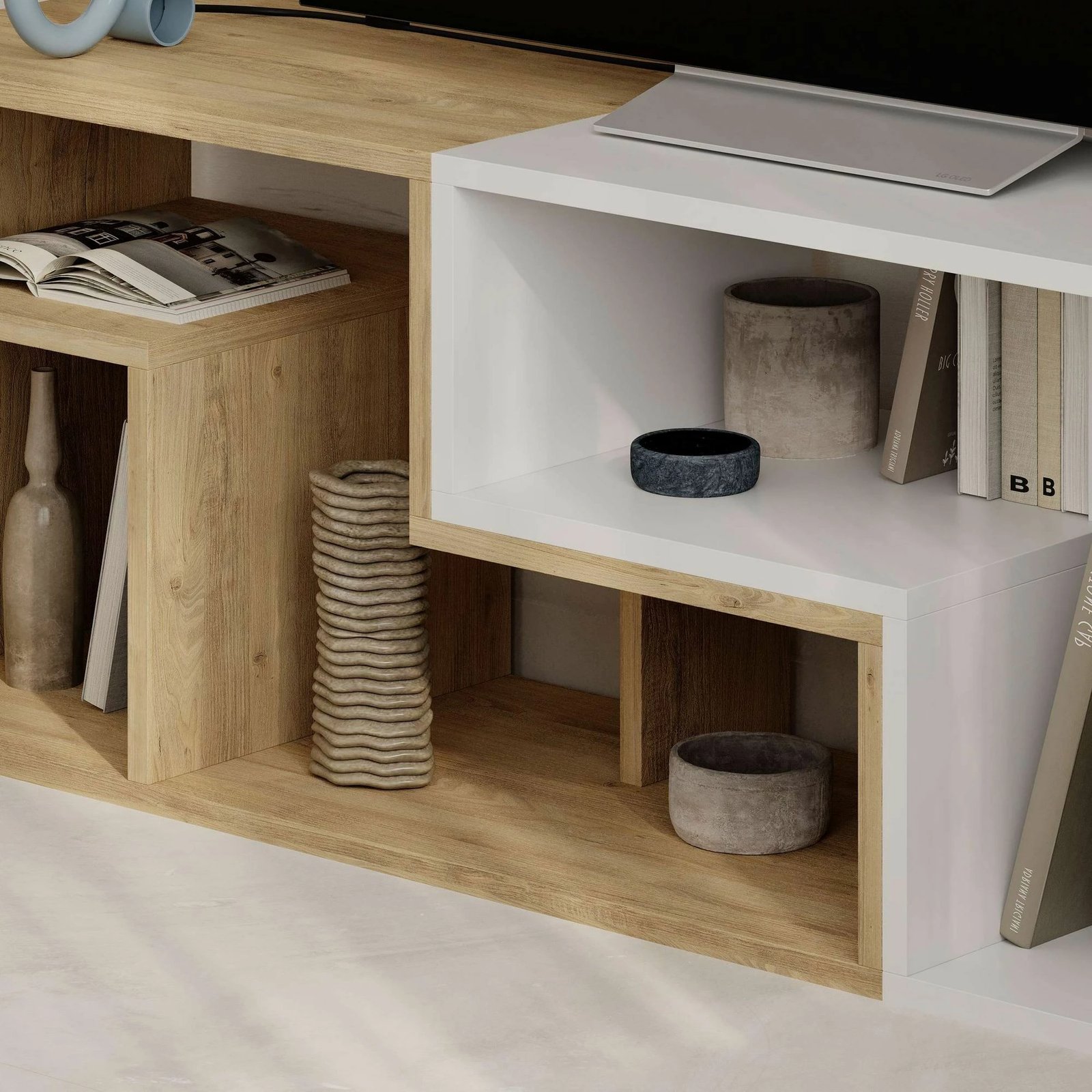 Komodë TV Skye Decor, ngjyrë lis safir, e bardhë