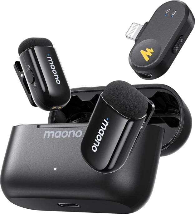 Mikrofon pa tel, Maono WM622 PB2, për iPhone/iPad (Lightning) MFi, reduktim zhurme AI 4 nivele, 48kHz/16bit, distancë 100 m, set me 2 transmetues, e zezë