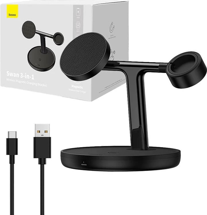 Mbështjellës karikues wireless Baseus Swan 3-in-1, 15W, MagSafe, i zi