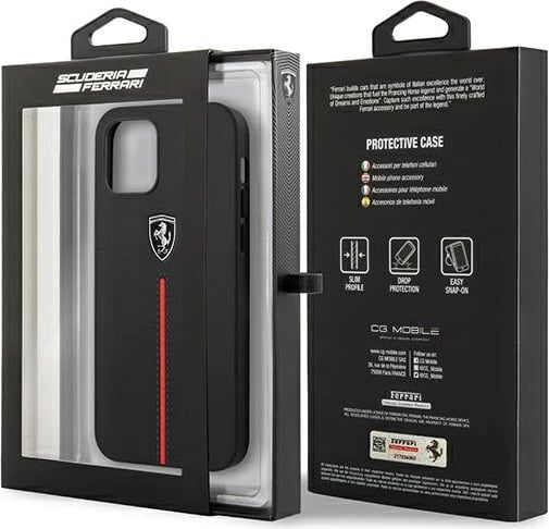 Mbështjellës Ferrari Off Track për iPhone 12 Pro Max, lëkurë natyrale, i zi