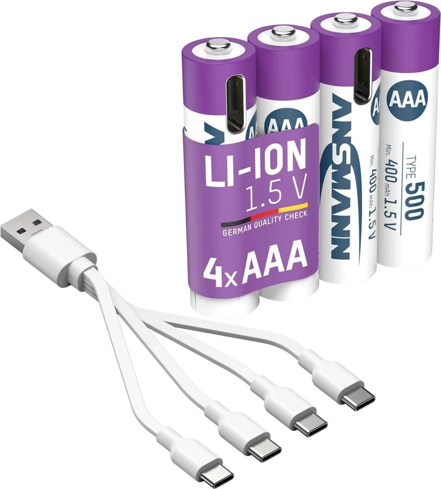 Bateri të rikarikueshme AAA ANSMANN 1311-0028, 500 mAh, Li-Ion, 1.5V, 4 copë, Bardhë