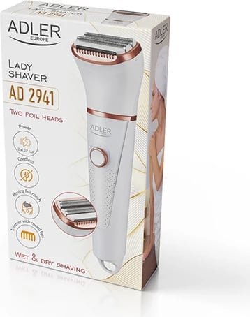 Makinë rroje për gra, Adler, AD 2941, dy koka, IPX7, pa kabëll, Wet & Dry, me bateri AAA, e bardhë rozë