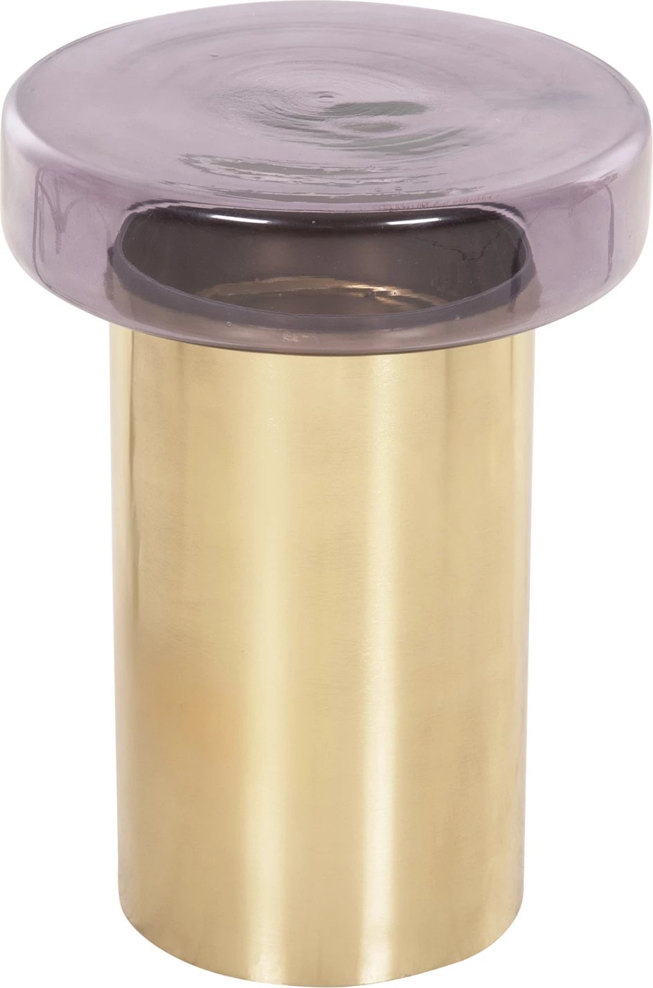 Tavolinë anësore e rrumbullakët, xham ngjyrë vjollcë, bazë metalike e artë, FH9728, Φ39x54H cm