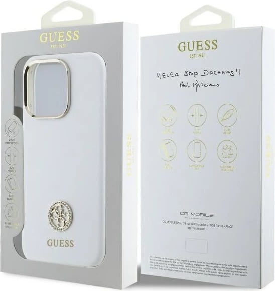 Mbështjellës Guess Silicone Logo Strass 4G për iPhone 16 Pro, Bardhë