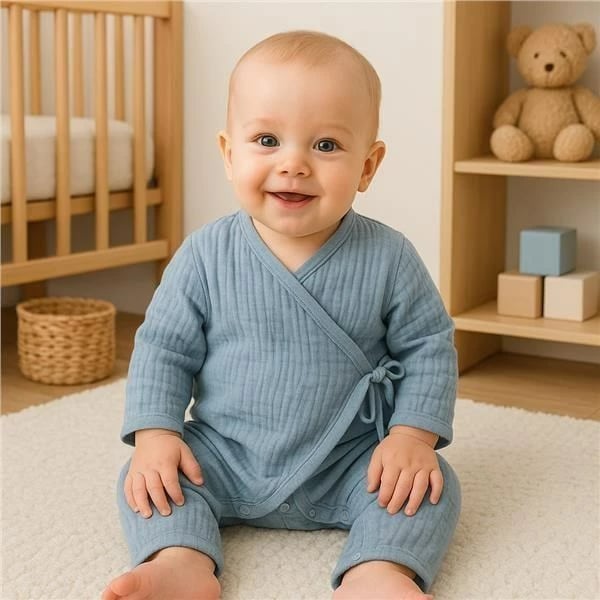 Kombinezon bebe, New Baby, muslin 100% pambuk, mëngë të gjata, lidhëse anësore, madhësi 68 (4-6m), blu