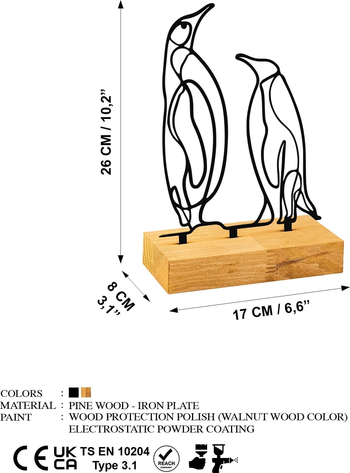 Dekor pingu, metal i zi, bazë druri, Aberto Design, 26x8x17cm
