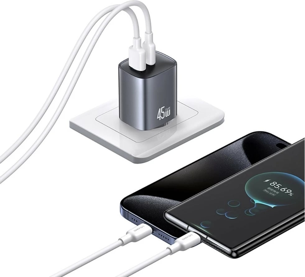 Karikues muri GaN 45W, USAMS CC290 T66 (USA001666), 1x USB-C + 1x USB-A, PD/QC, i zi