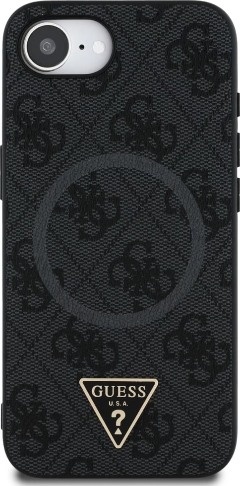 Mbështjellës Guess 4G Ring Triangle Logo MagSafe për iPhone 16e, i zi