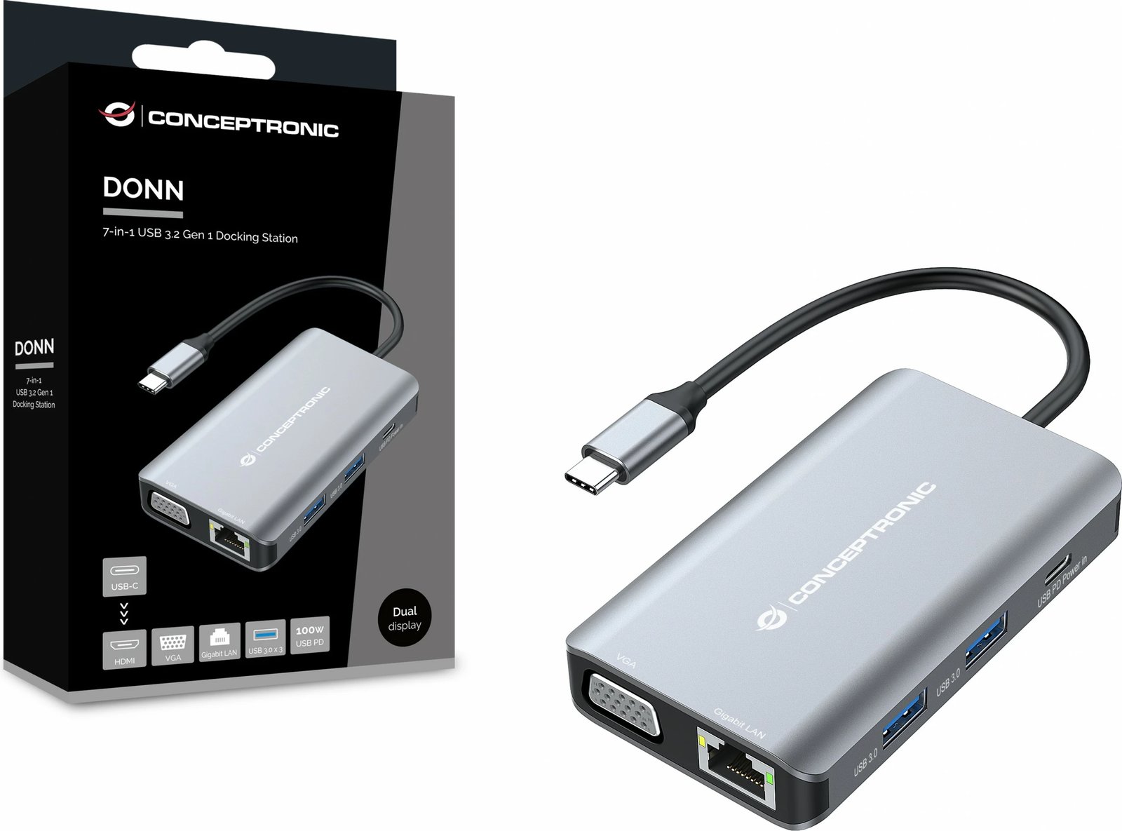 Docking station Conceptronic 7-1 USB-C HDMI VGA 3xUSB-A 25cm gri
