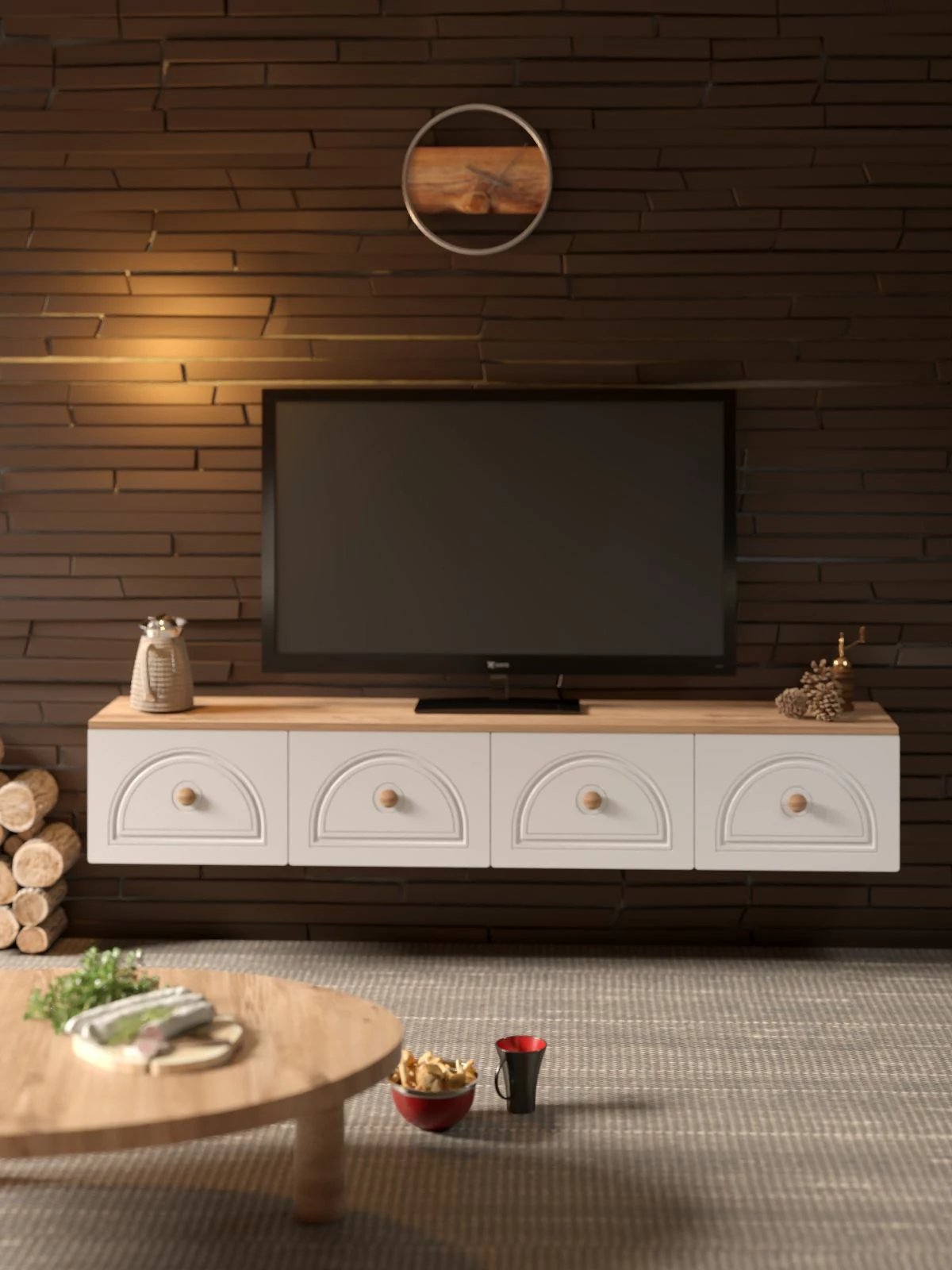 Komodë TV Skye Decor, Virella 180, ngjyrë pishë Atlantike dhe e bardhë