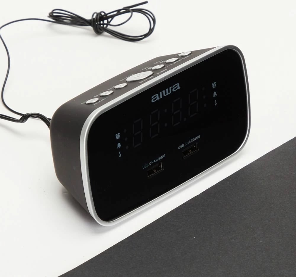 Orë Zgjuese me Radio FM, Dy Alarme dhe Mbushes USB AIWA CRU-19BK (Zezë)