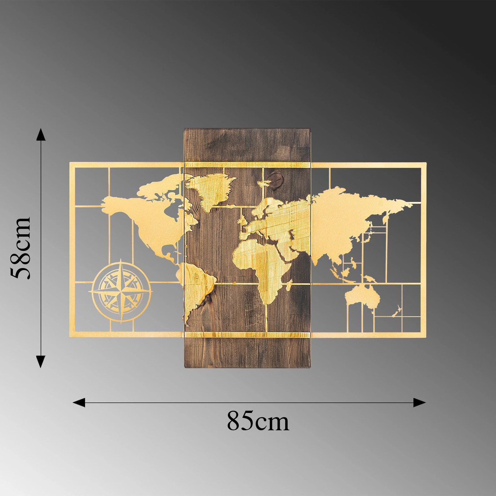 Aksesor dekorativ për mur, hartë bote me busull, ngjyrë arre dhe ari, Wallity