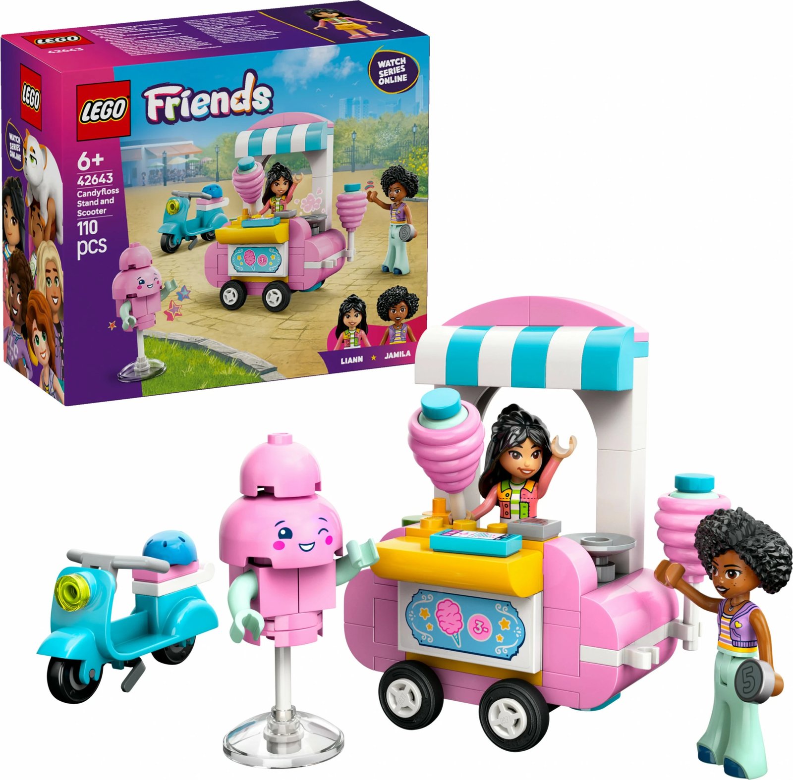 Set ndërtimi LEGO Friends 42643, kioskë sheqerka pambuku dhe skuter, 110 pjesë, shumëngjyrësh