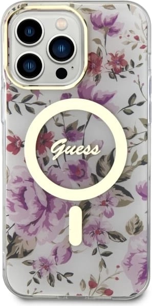 Mbështjellës Guess GUHMP14LHCFWST për iPhone 14 Pro 6.1", transparent, Flower MagSafe