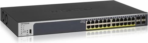 Switch Netgear GS728TPP, 24xGE PoE+, 4xSFP, për rack, i zi