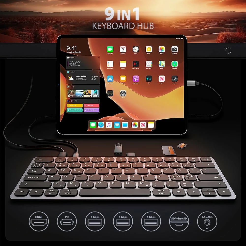 Tastierë AXAGON HMC-KB-NRD me USB-C 5Gbps, hub 9-në-1, layout nordik, Gri Tastierë AXAGON HMC-KB-NRD me USB-C 5Gbps, hub 9-në-1, layout nordik, Gri