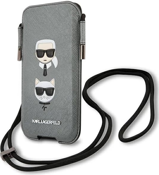 Mbështjellës telefonit Karl Lagerfeld Saffiano Ikonik Karl&Choupette Head, 6.1", Gri