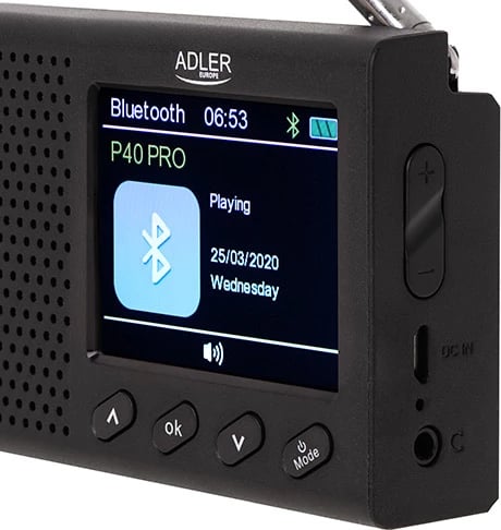 Radio portative FM, Adler AD 1198, Bluetooth 5.0, ekran LCD me ngjyra 2.4", memorie 20 stacione, bateri 1200 mAh