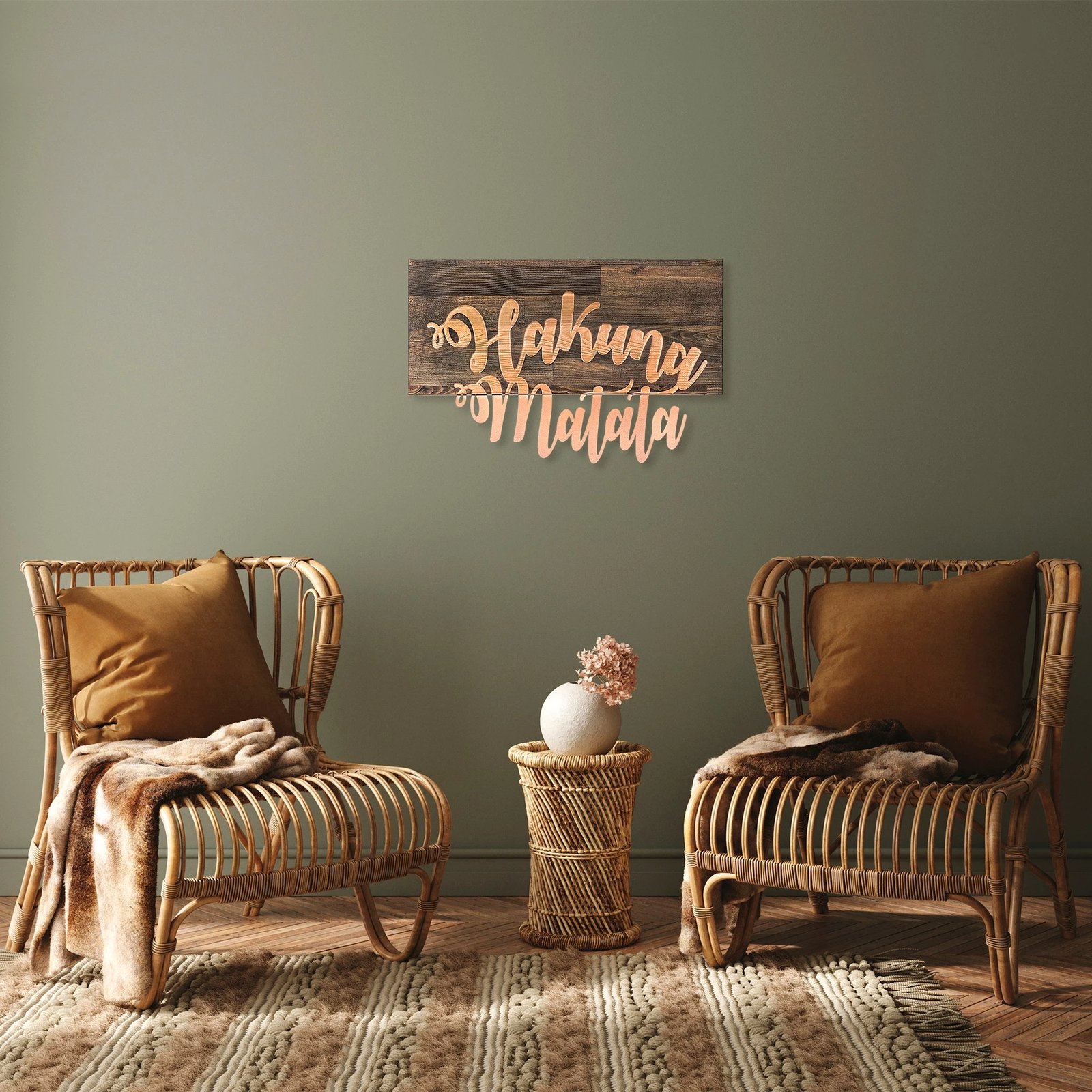 Aksesor dekorativ për mur, dru dhe metal, Hakuna Matata, ngjyrë arre-bakër