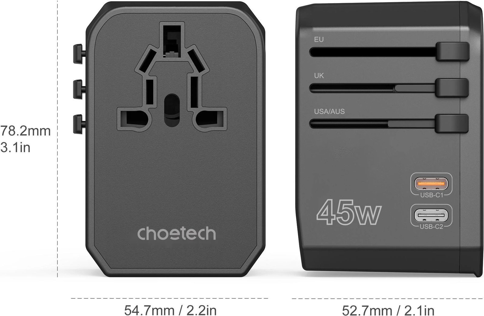 Karikues udhëtimi Choetech PD6045, 45W, 2x USB-C, 2x USB-A, GaN, 4 priza, zi