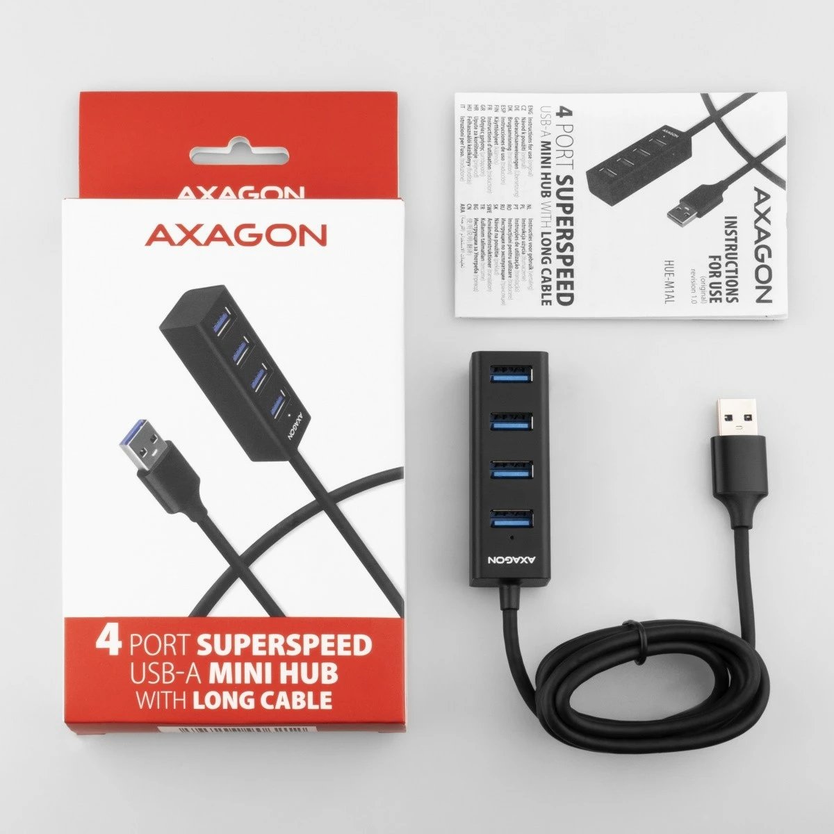 Hub USB AXAGON HUE-M1AL, 4 porta, USB 3.2 Gen 1, kabllo 1.2m, zi