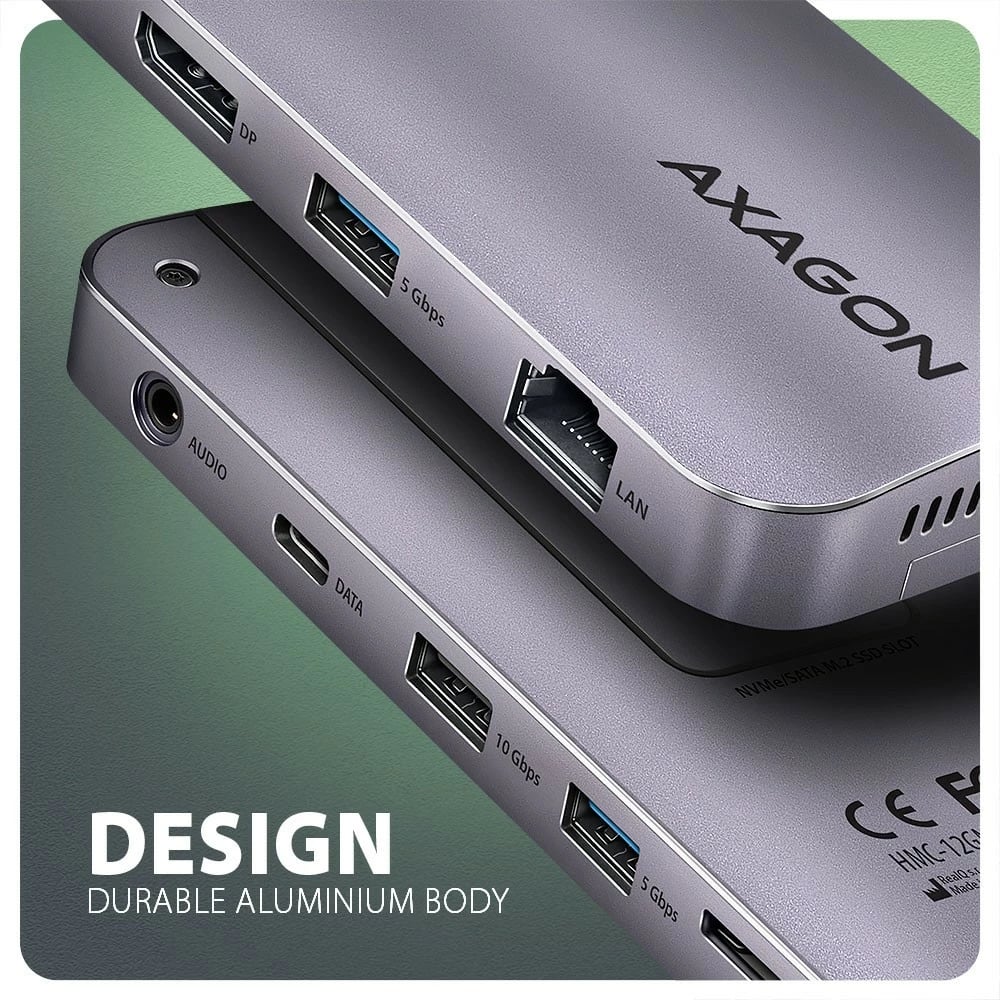 Kasë multiport AXAGON HMC-12GM2 12in1 me slot M.2 NVMe/SATA, 10Gbps, 3x USB-A, USB-C, HDMI 4K/60Hz, DP 4K/60Hz, GLAN, SD/microSD, audio, PD 100W, 50cm, Gri