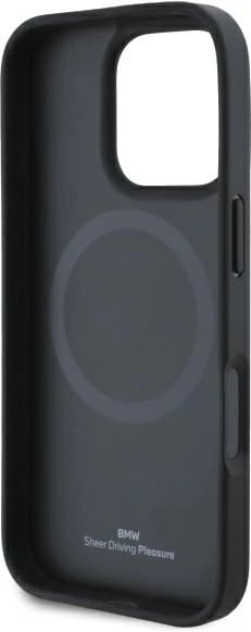 Mbështjellës BMW Sign Leather Diamond Metal Logo MagSafe për iPhone 16 Pro, i zi