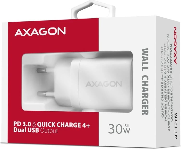 Mbushës muri AXAGON ACU-PQ30W, 30W, 2 porta USB-A & USB-C, i bardhë