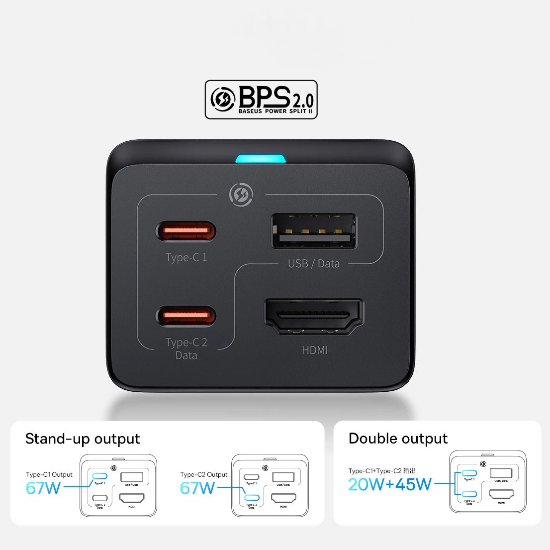 Karikues i shpejtë Baseus GaN5 Pro HUB, CCGP110201, 67W, 2x USB-C, USB-A, HDMI 4K, me kabllo USB-C 1m, i zi