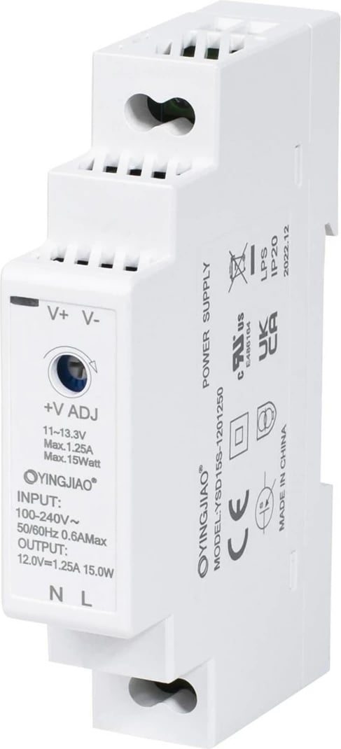 Furnizues energjie DIN Yingjiao YSD15S-1201250, 12V, 1.25A, 15W, Bardhë