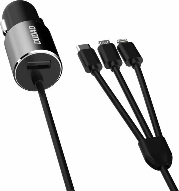 Karikues për veturë, Dudao, R5ProN, 3.4 A, USB-A 1 port, kabëll i integruar 3‑në‑1 Lightning/USB Type-C/Micro USB 1 m, e zezë