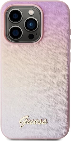 Mbështjellës Guess Saffiano Iridescent Script për iPhone 15 Pro, Rozë