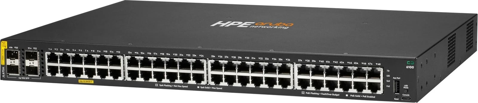 Switch HPE Aruba 6100, 48 porte Gigabit, 4 SFP+, PoE+ 370W, i zi