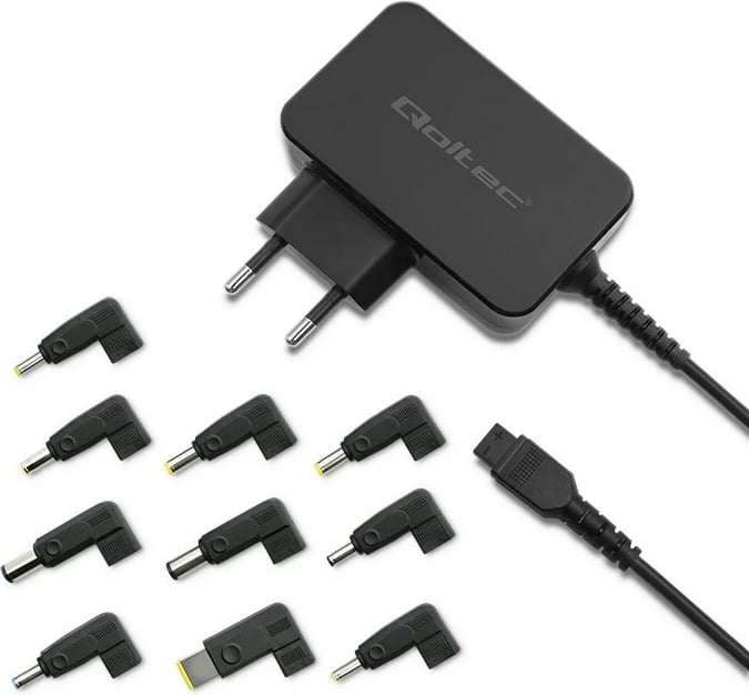 Adapter universal energjie Qoltec 52414, 65W, 10 konektorë, i zi