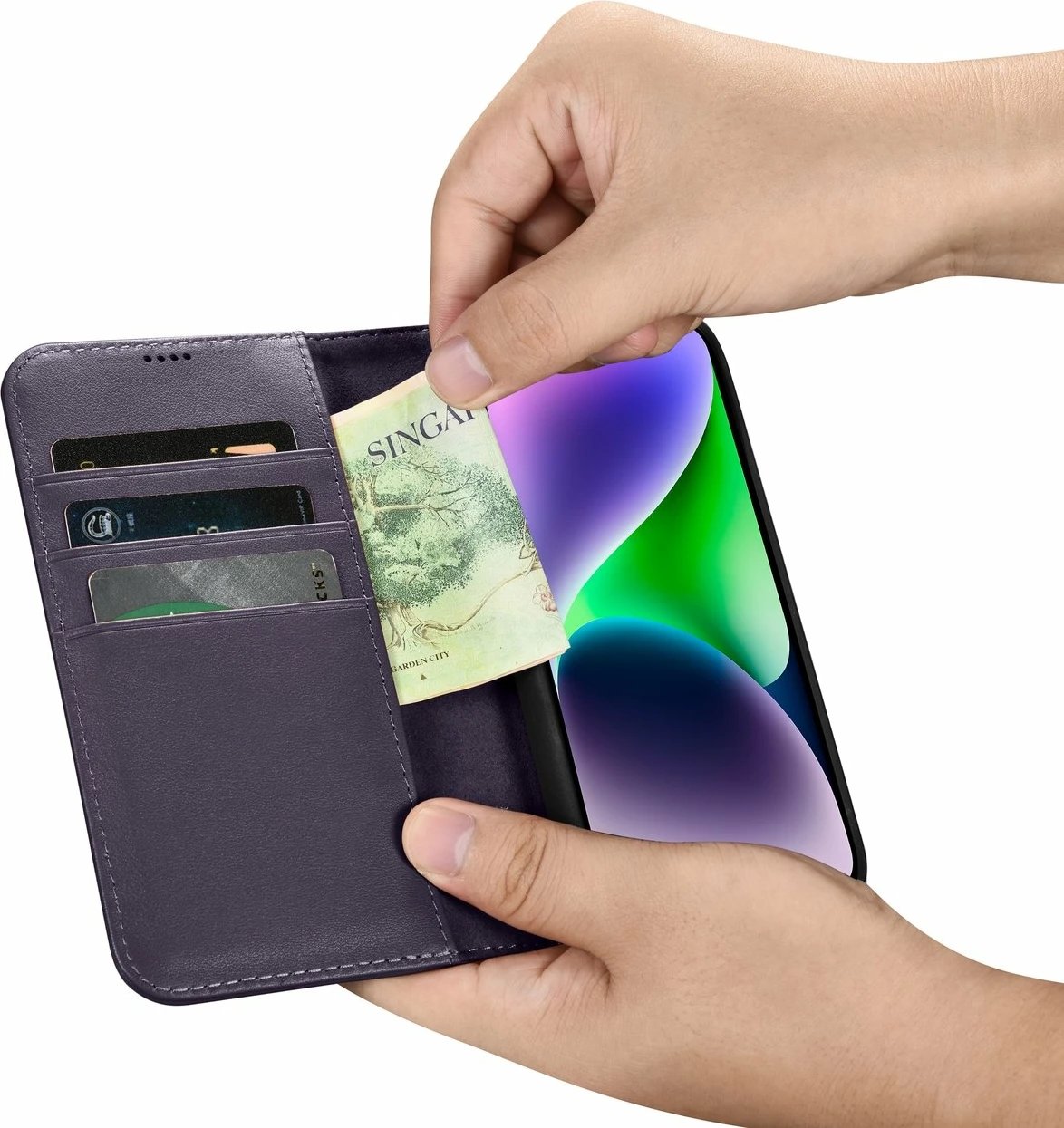 Mbështjellës iCarer Wallet Case 2in1 për iPhone 14, lëkurë natyrale, Anti-RFID, Vjollcë e errët