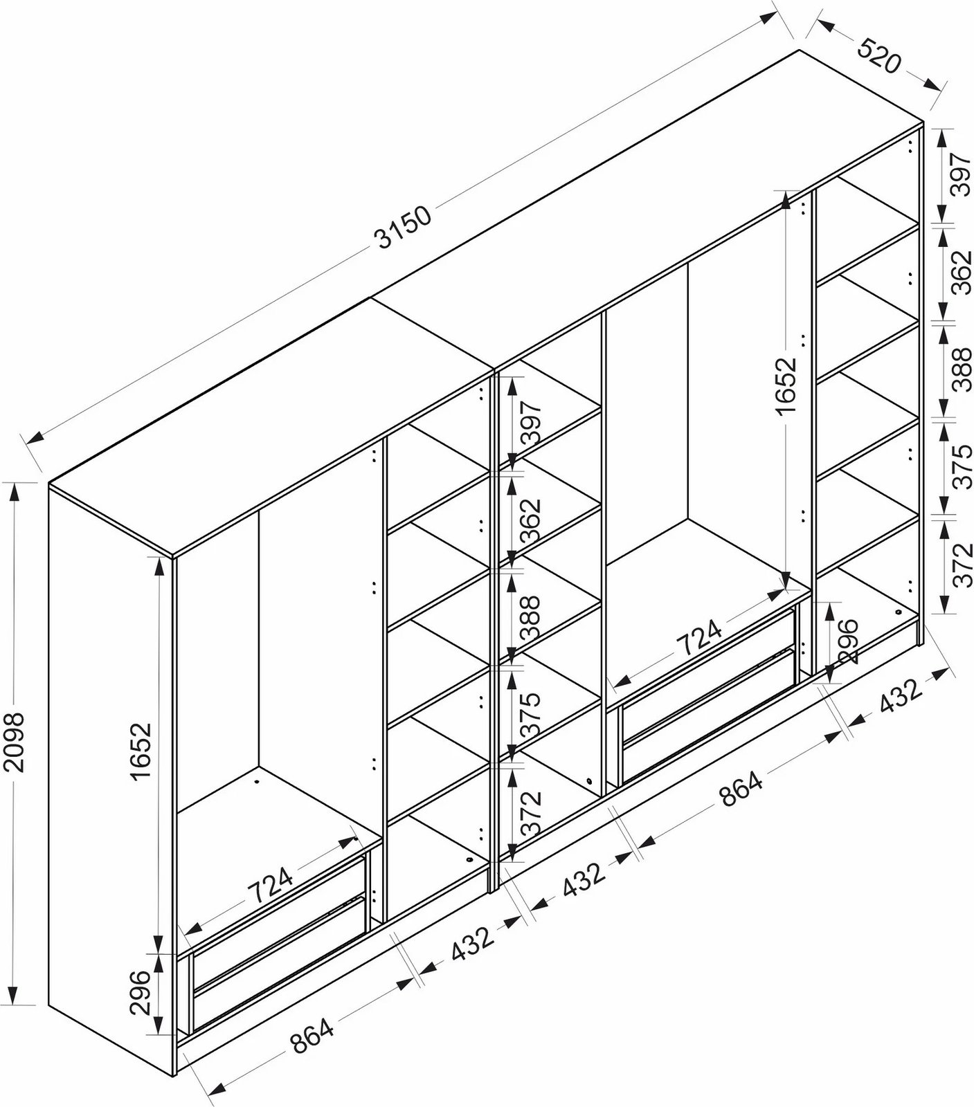 Dollap Skye Decor, anthracite e zi, 315x210x52cm