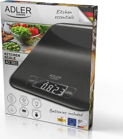 Peshore kuzhine, Adler AD 3183, kapacitet 5 kg, saktësi 1 g, ekran LCD me ndriçim, platformë çelik inox, e zezë