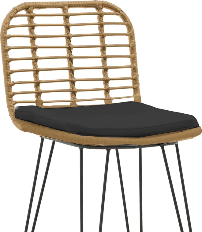 Karrige për bar, kopsht, me jastëk PE, këmbë metali, ngjyrë natyrale e zezë, 46x56x110cm