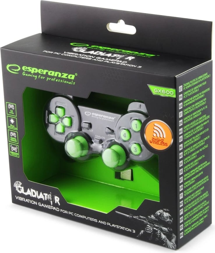 Gamepad wireless Esperanza EGG108G për PC/PS3, 2.4GHz, i zi/gjelbër