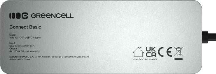 HUB USB-C, Green Cell, HUB-GC-C4A, 4x USB-A 3.0 deri 5 Gb/s, kabllo e integruar 15 cm, argjendtë/zezë