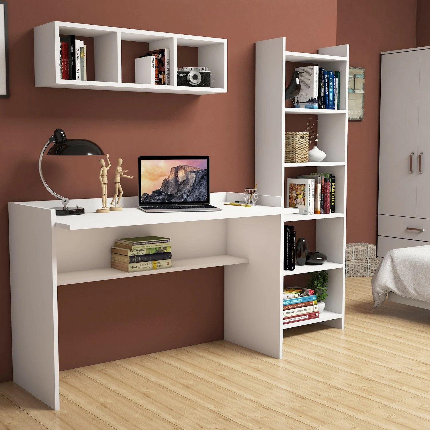 Set tavoline studimi me raft librash, Hanah Home, Hera, e bardhë