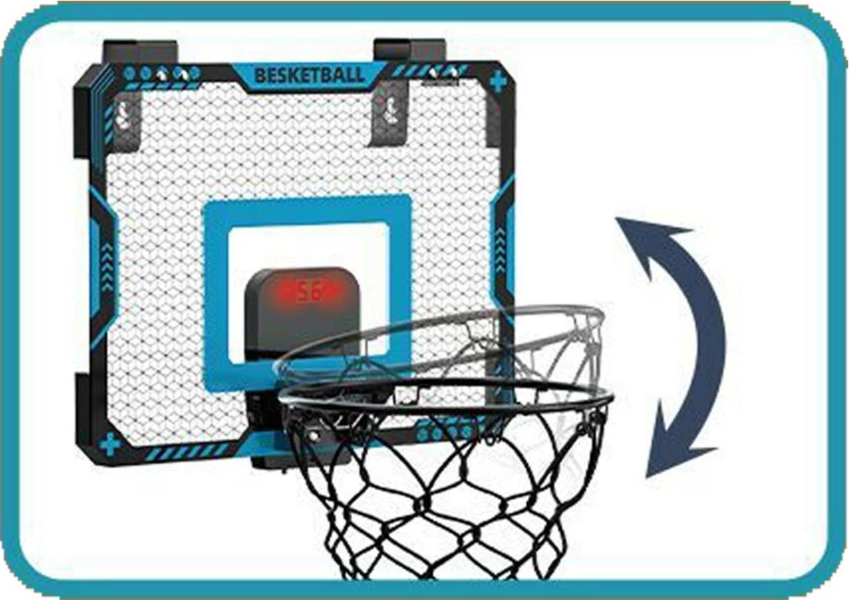 Set basketbolli Madej 011790 me tabelë 40x30cm, top 18cm, pompë, elektronik, zi/blu