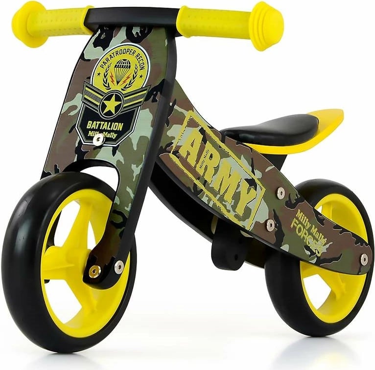 Bicikletë balancuese/tricikël druri 2-në-1, Milly Mally, JAKE Army, rrota shkumë 7", sedilje e rregullueshme, e gjelbër