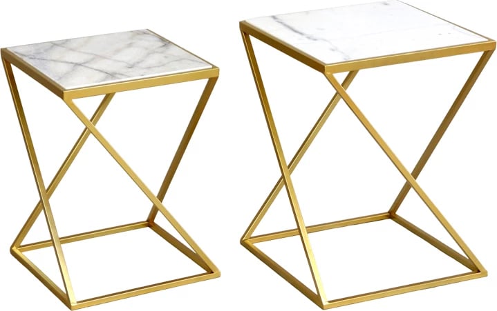 Tavolina anësore për dhomë ndeje set prej 2 copë Zoliene Inart metal i artë-mermer i bardhë