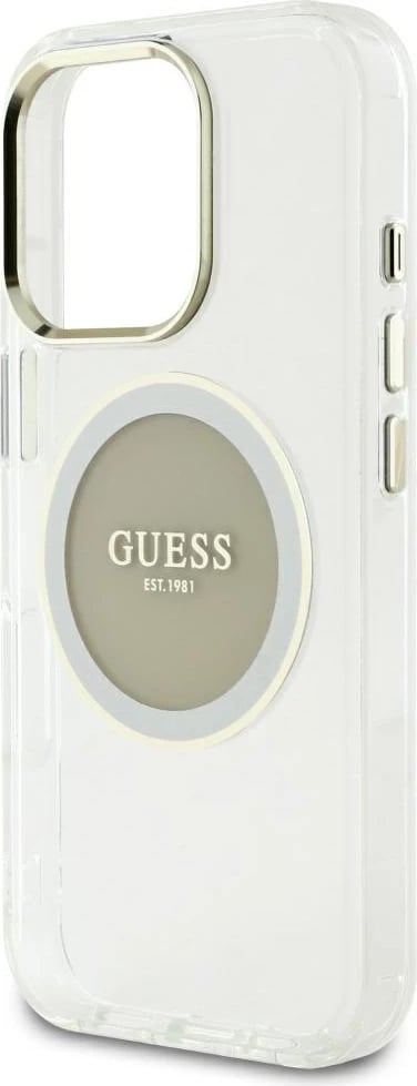 Mbështjellës Guess IML Metal Colored Circle Classic Logo MagSafe për iPhone 16 Pro Max, Gri
