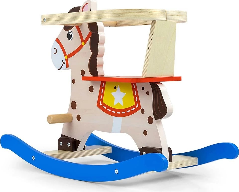 kalë luhatëse druri, Milly Mally Lucky 12, me mbështetëse shpine dhe barriera të heqshme, për fëmijë 12–36 muaj, ngjyrë blu-kuqe