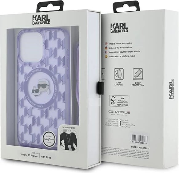 Mbështjellës Karl Lagerfeld IML Crossbody Monogram Karl & Choupette Head MagSafe për iPhone 15 Pro Max, Vjollcë