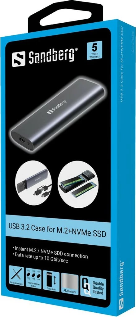 Kasë Sandberg USB 3.2 për SSD M.2+NVMe, 10 Gbit/s, e zezë