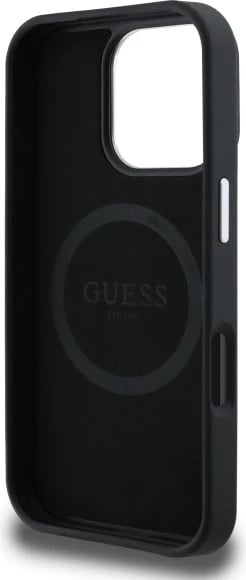 Mbështjellës Guess Grained Triangle MagSafe për iPhone 16 Pro Max 6.9", i zi