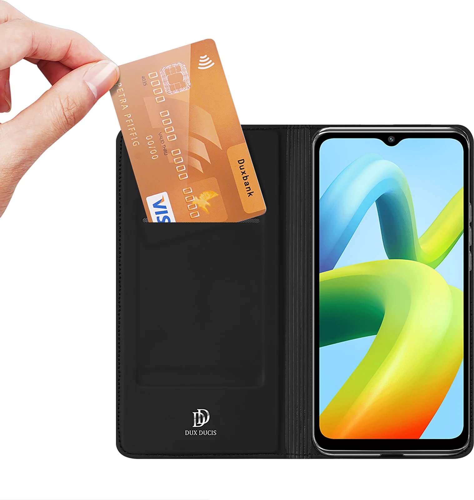 Mbështjellës Dux Ducis Skin Pro për Xiaomi Redmi A1+, me kapak, xhep kartelash dhe stand, e zezë Mbështjellës Dux Ducis Skin Pro për Xiaomi Redmi A1+, me kapak, xhep kartelash dhe stand, e zezë
